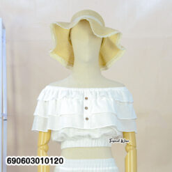 off shoulder ruffle summer blouse Sweet Breeze Off-Shoulder Blouse เสื้อเปิดไหล่ระบายหวานสไตล์ซัมเมอร์ product code 690603010120 in white and beige for Tropical Wear summer fashion