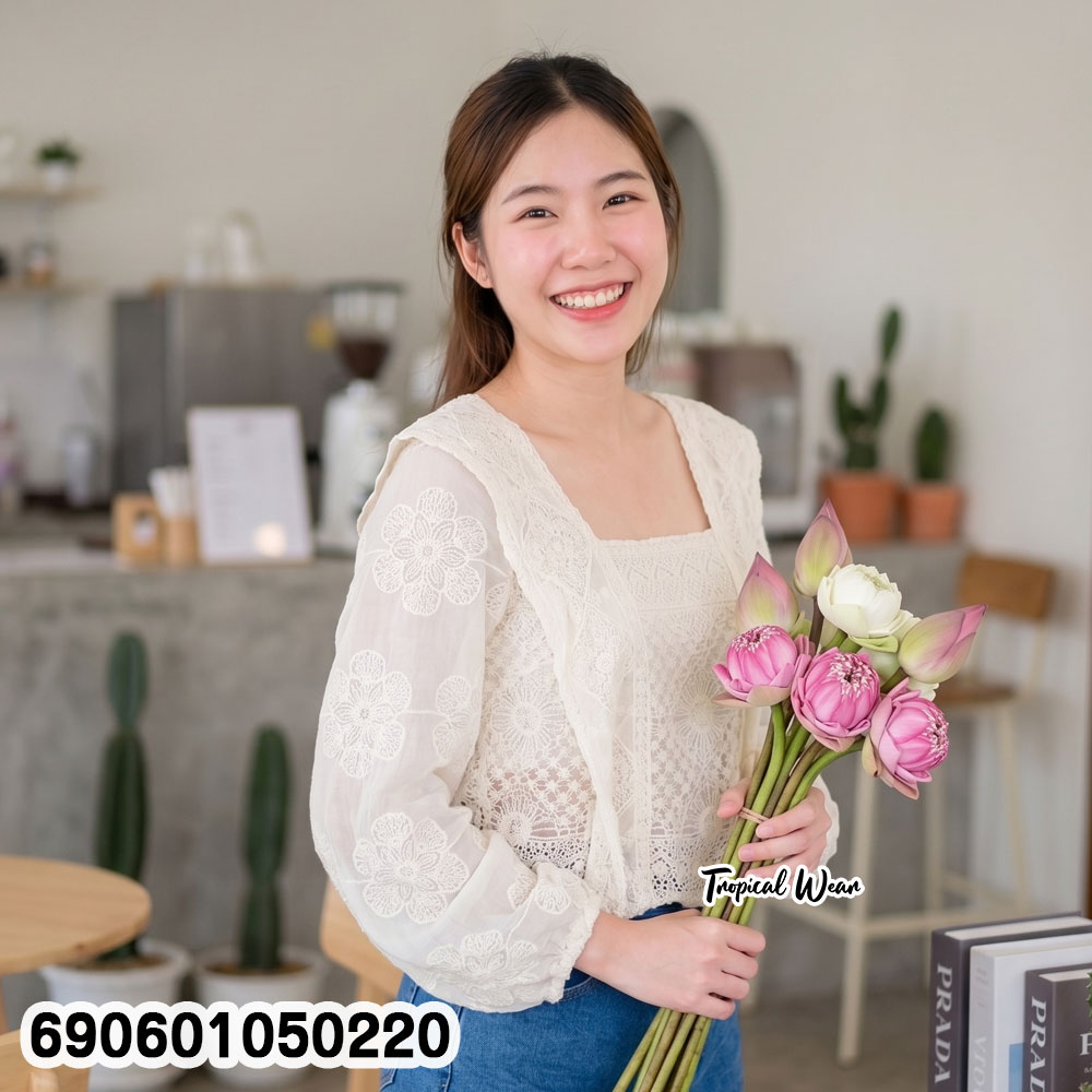Boho Floral Lace Crop Top เสื้อครอปลูกไม้ลายดอก โบโฮ แขนยาว - 690601050220 - Image 2