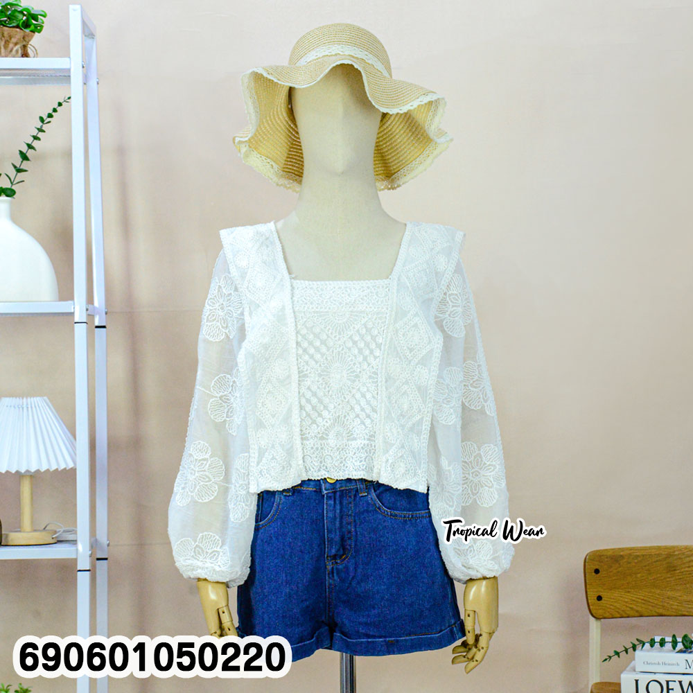 Boho Floral Lace Crop Top เสื้อครอปลูกไม้ลายดอก โบโฮ แขนยาว - 690601050220 - Image 4