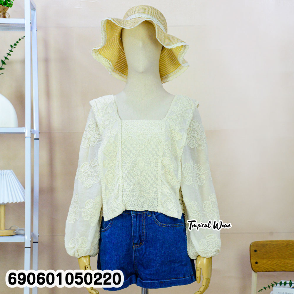 Boho Floral Lace Crop Top เสื้อครอปลูกไม้ลายดอก โบโฮ แขนยาว - 690601050220 - Image 5