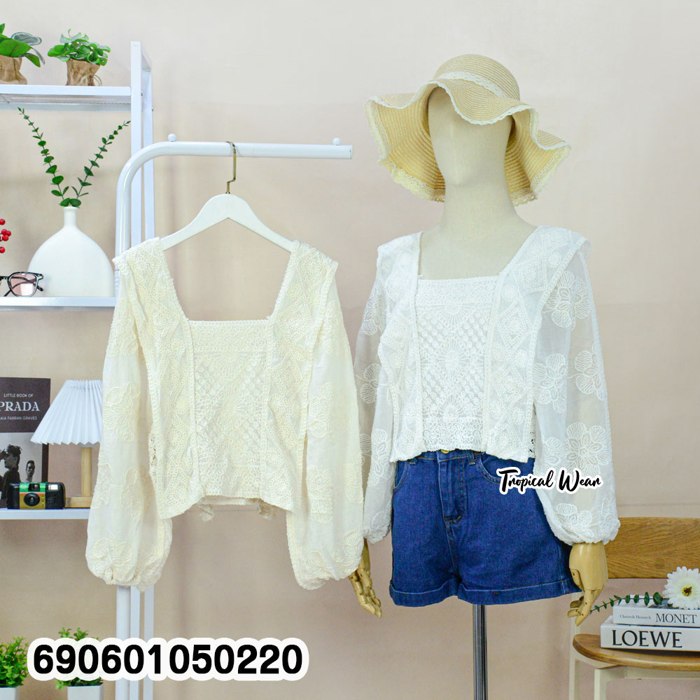Boho Floral Lace Crop Top เสื้อครอปลูกไม้ลายดอก โบโฮ แขนยาว - 690601050220 - Image 3