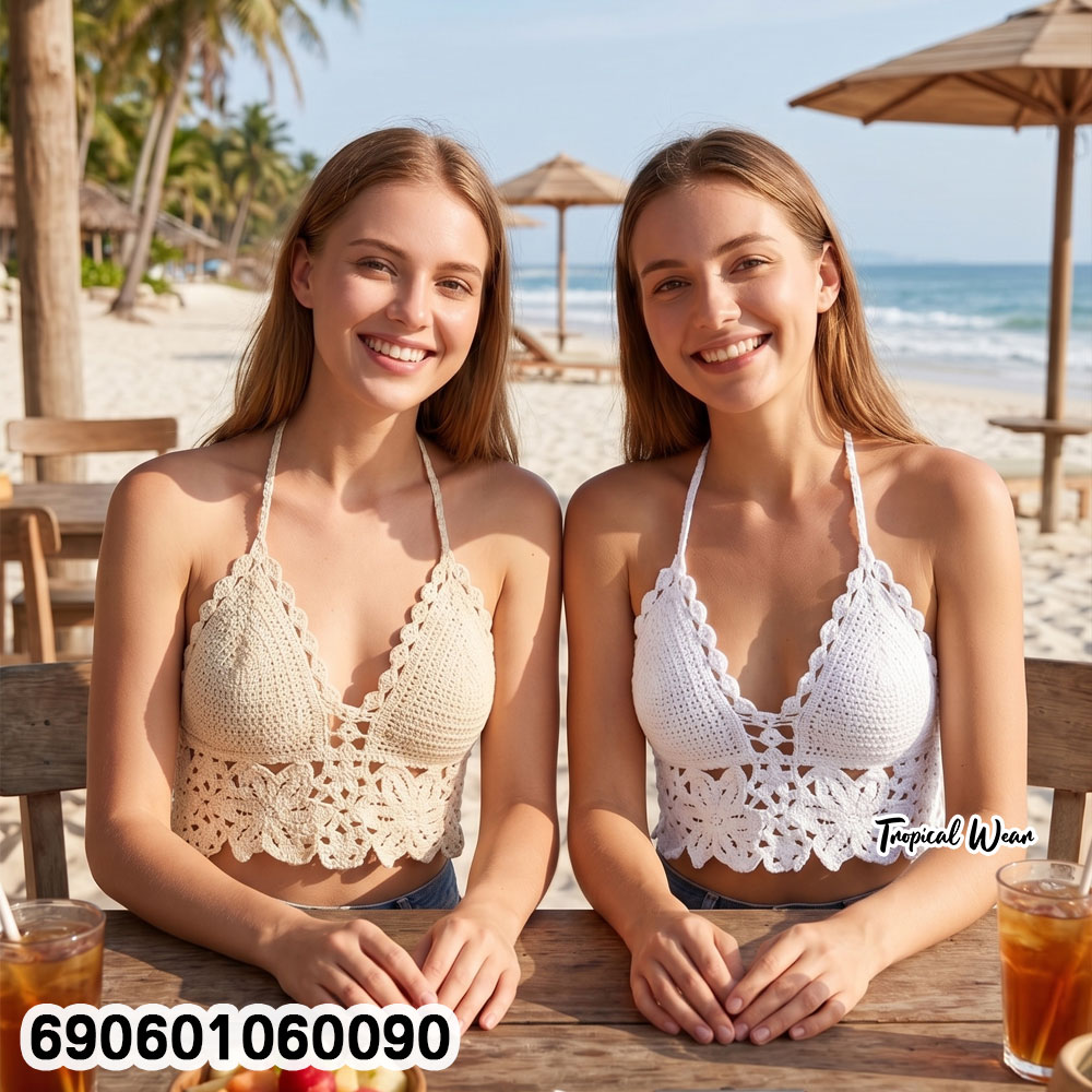 Boho Crochet Halter Top Summer Beachwear Crop Top เสื้อถักโครเชต์คอคล้อง โบโฮ สำหรับเที่ยวทะเล ซัมเมอร์ - 690601060090