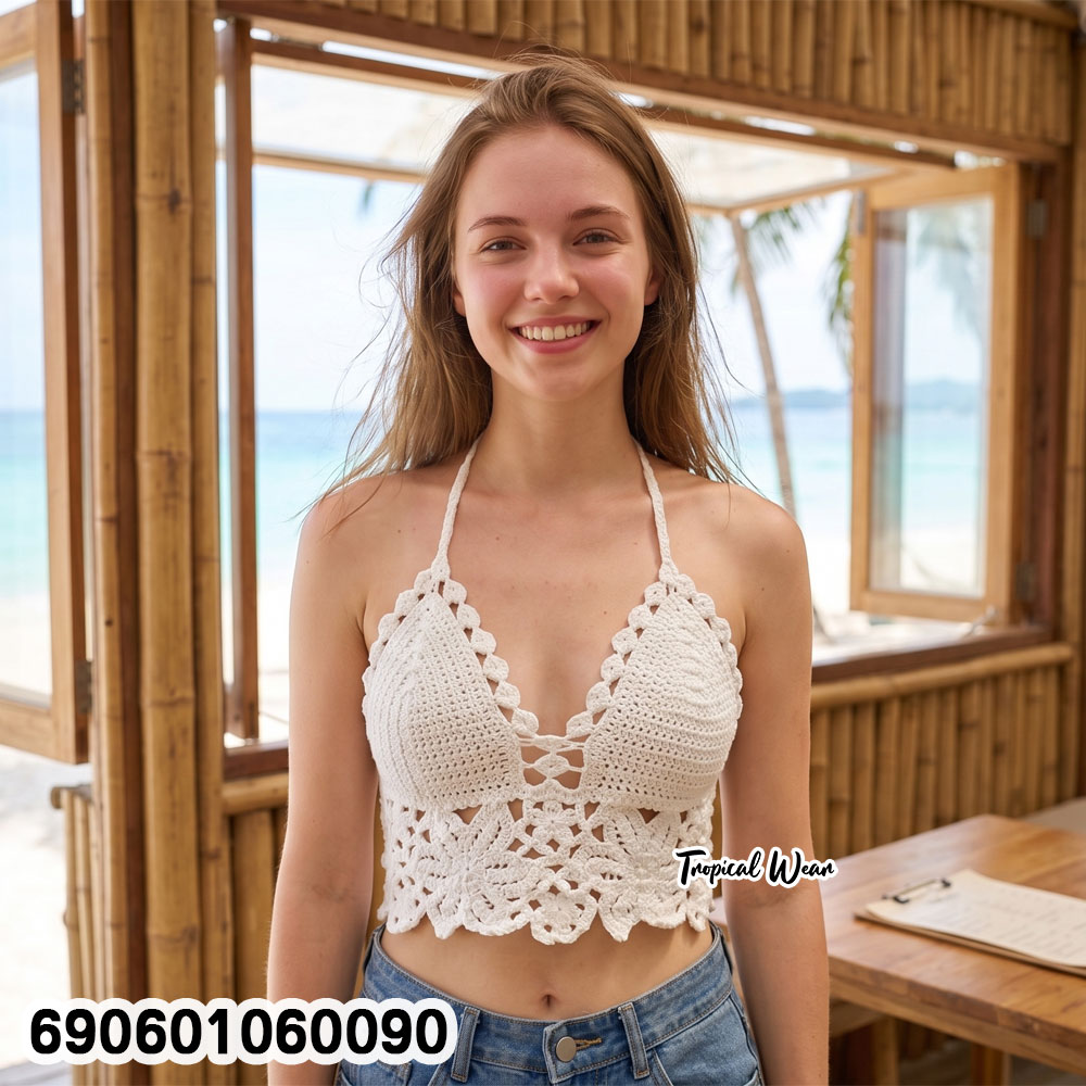 Boho Crochet Halter Top Summer Beachwear Crop Top เสื้อถักโครเชต์คอคล้อง โบโฮ สำหรับเที่ยวทะเล ซัมเมอร์ - 690601060090 - Image 2