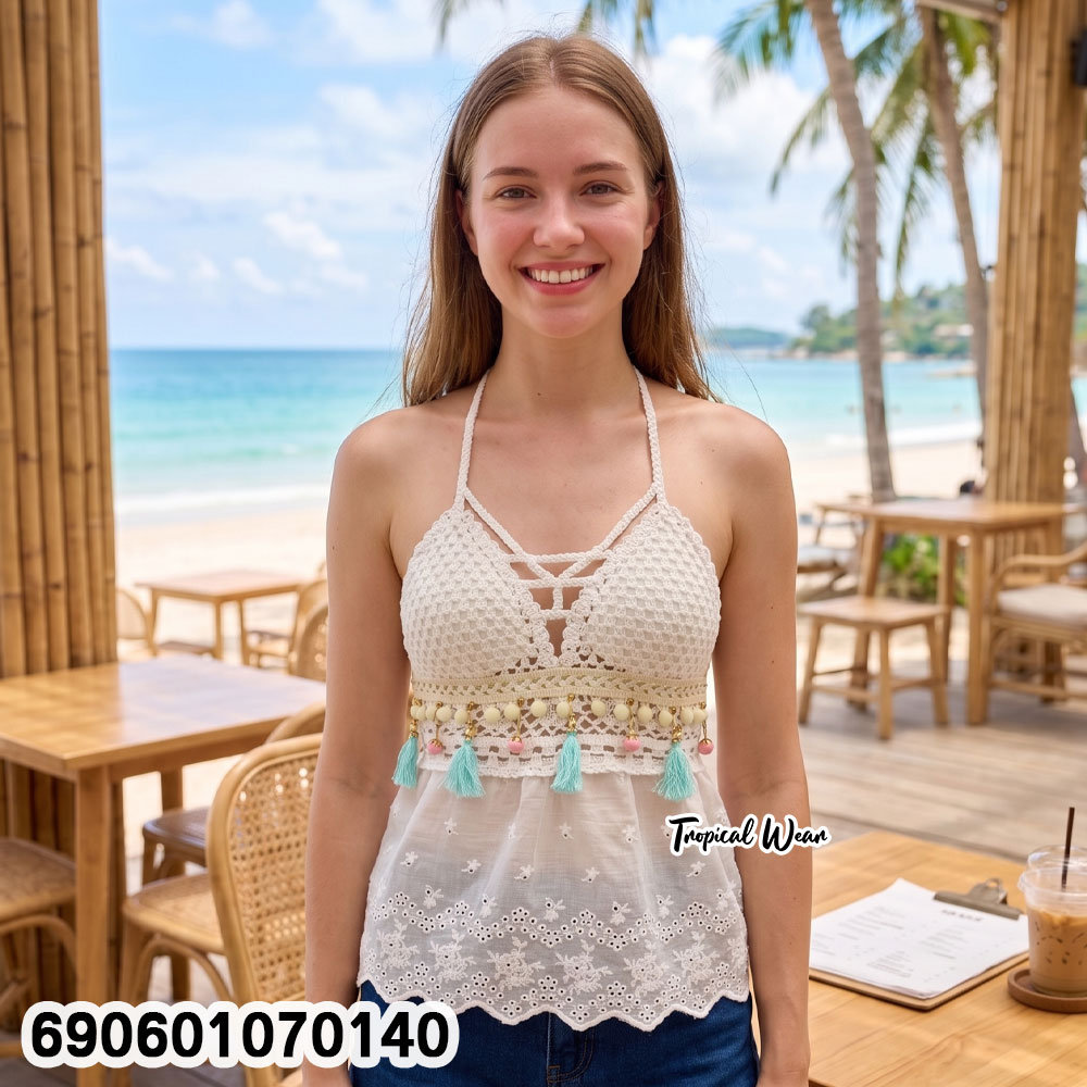 Women's Boho Crochet Lace Cami Top Handmade Beachwear เสื้อสายเดี่ยวถักโครเชต์แต่งลูกไม้ สไตล์โบฮีเมียน สำหรับเที่ยวทะเล - 690601070140 - Image 2