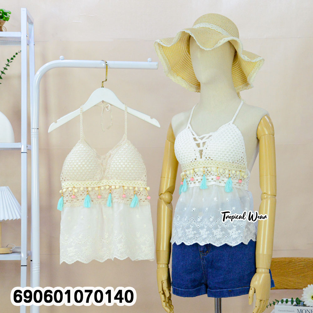 Women's Boho Crochet Lace Cami Top Handmade Beachwear เสื้อสายเดี่ยวถักโครเชต์แต่งลูกไม้ สไตล์โบฮีเมียน สำหรับเที่ยวทะเล - 690601070140 - Image 3