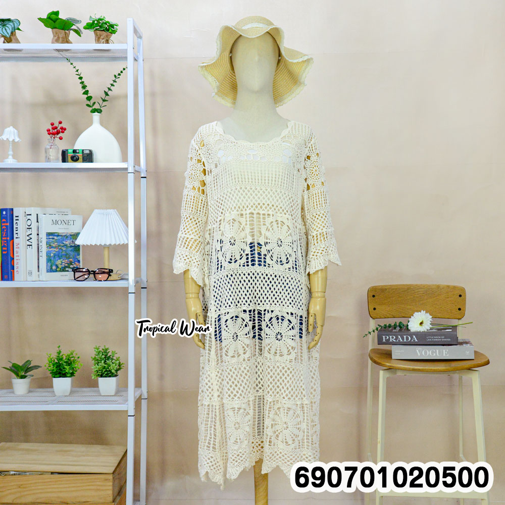 Minimal Crochet Knit Dress Oversized Boho Beach Cover-Up เดรสไหมพรมโครเชต์โอเวอร์ไซซ์ มินิมอล สไตล์โบโฮ คลุมบิกินี่ - 690701020500 - Image 4