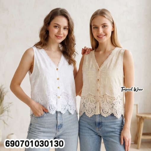 White and beige cotton embroidered scalloped hem vest for Bangkok fashion wholesale