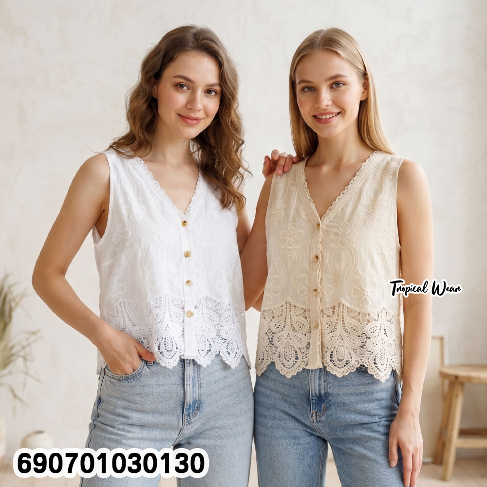 Women's Embroidered Lace Vest Top Sleeveless Button Front Blouse เสื้อแขนกุดคอวีปักลายลูกไม้ ติดกระดุมหน้า สไตล์มินิมอล - 690701030130