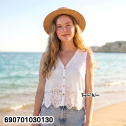 Women's Embroidered Lace Vest Top Sleeveless Button Front Blouse เสื้อแขนกุดคอวีปักลายลูกไม้ ติดกระดุมหน้า สไตล์มินิมอล - 690701030130 - Image 2