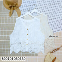 Women's Embroidered Lace Vest Top Sleeveless Button Front Blouse เสื้อแขนกุดคอวีปักลายลูกไม้ ติดกระดุมหน้า สไตล์มินิมอล - 690701030130 - Image 3