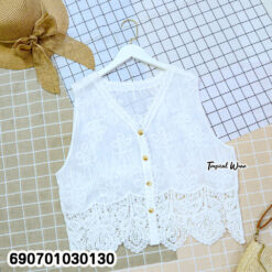 Women's Embroidered Lace Vest Top Sleeveless Button Front Blouse เสื้อแขนกุดคอวีปักลายลูกไม้ ติดกระดุมหน้า สไตล์มินิมอล - 690701030130 - Image 4