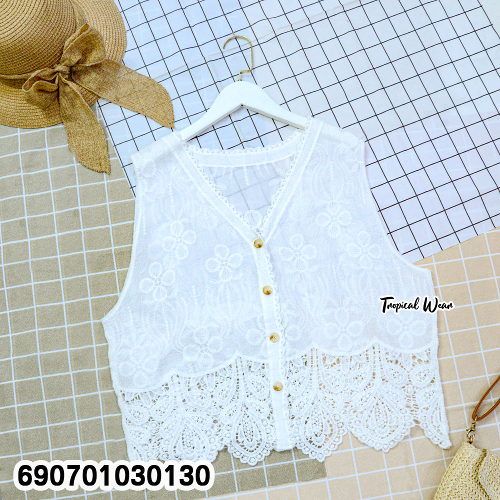 Women's Embroidered Lace Vest Top Sleeveless Button Front Blouse เสื้อแขนกุดคอวีปักลายลูกไม้ ติดกระดุมหน้า สไตล์มินิมอล - 690701030130 - Image 4
