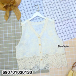 Women's Embroidered Lace Vest Top Sleeveless Button Front Blouse เสื้อแขนกุดคอวีปักลายลูกไม้ ติดกระดุมหน้า สไตล์มินิมอล - 690701030130 - Image 5