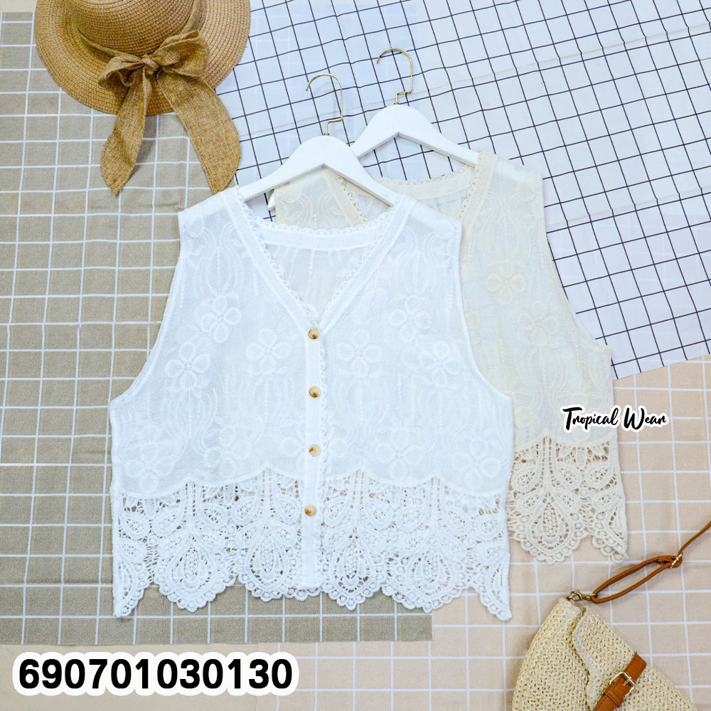 Women's Embroidered Lace Vest Top Sleeveless Button Front Blouse เสื้อแขนกุดคอวีปักลายลูกไม้ ติดกระดุมหน้า สไตล์มินิมอล - 690701030130 - Image 3