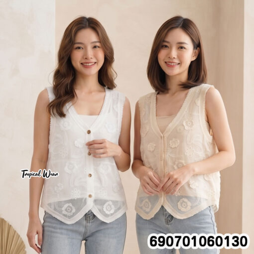 Black, white and cream cotton embroidered sleeveless button vests with V necklines and pointed hems