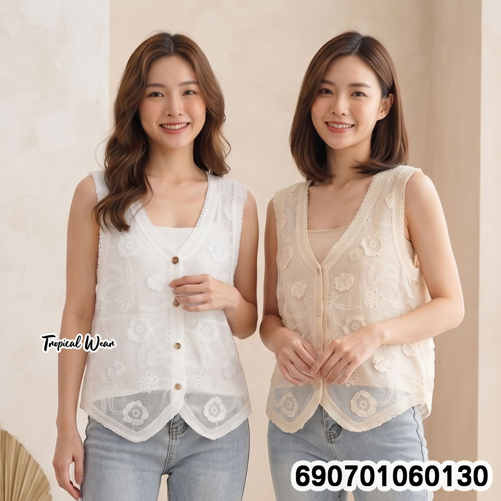 Boho Lace Sleeveless Top Embroidered Vest เสื้อแขนกุดลูกไม้ สไตล์โบโฮ ปักลายดอกไม้ - 690701060130