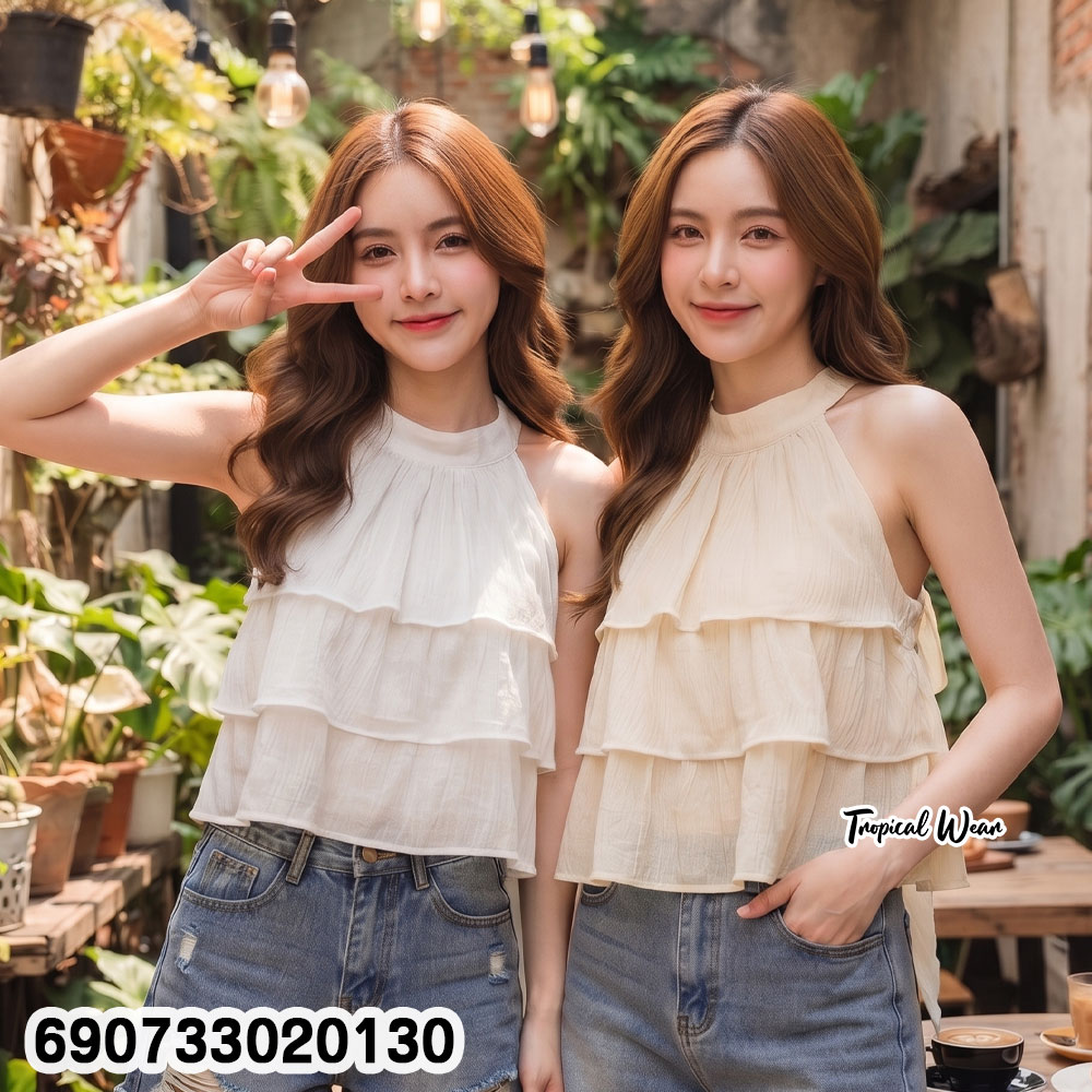 Women's High Neck Ruffle Halter Top Sleeveless Summer Blouse เสื้อสายเดี่ยวคอสูงแต่งระบายหลายชั้น แฟชั่นซัมเมอร์ผู้หญิง - 690733020130