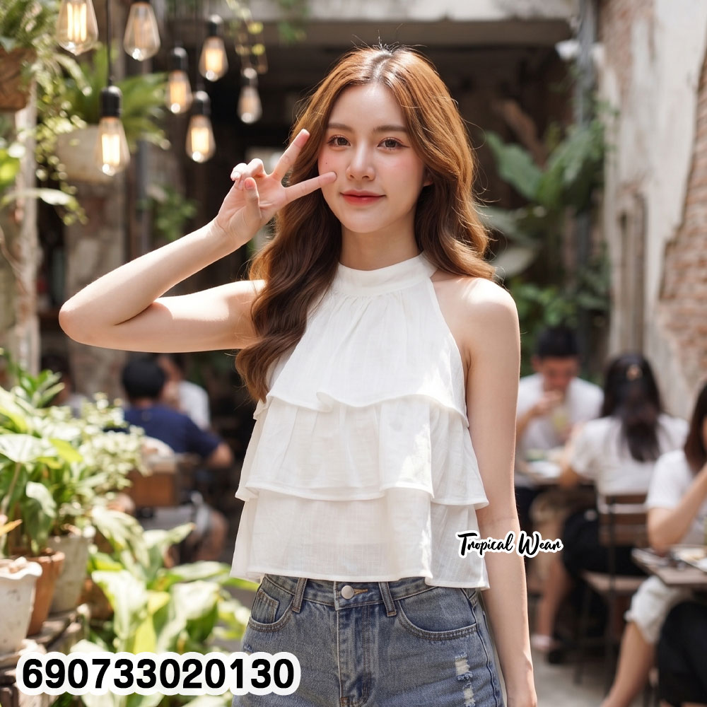Women's High Neck Ruffle Halter Top Sleeveless Summer Blouse เสื้อสายเดี่ยวคอสูงแต่งระบายหลายชั้น แฟชั่นซัมเมอร์ผู้หญิง - 690733020130 - Image 2