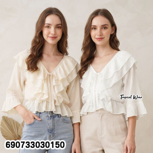 Cotton ruffle tie-front blouse in white and cream with V neck and flared sleeves