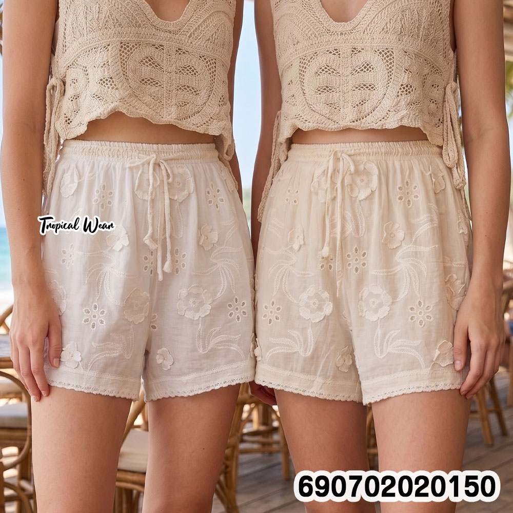 Women's Cotton Embroidered Beach Shorts กางเกงขาสั้นผ้าคอตตอนปักลายผู้หญิง สไตล์เที่ยวทะเล - 690702020150 - Image 2