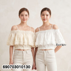 Women's Ruffle Off Shoulder Crop Top Elegant Summer Blouse เสื้อครอประบาย เปิดไหล่ผู้หญิง เสื้อแฟชั่นซัมเมอร์ เรียบหรู - 690703010130