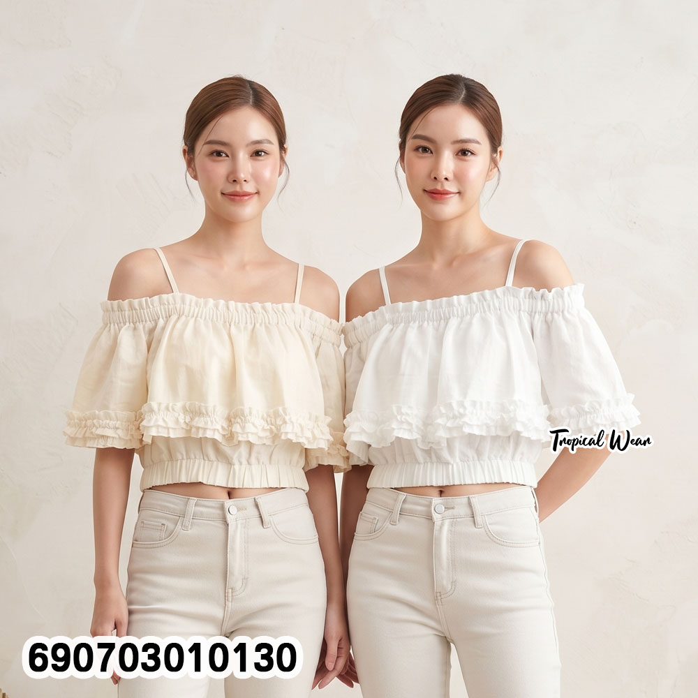 Women's Ruffle Off Shoulder Crop Top Elegant Summer Blouse เสื้อครอประบาย เปิดไหล่ผู้หญิง เสื้อแฟชั่นซัมเมอร์ เรียบหรู - 690703010130