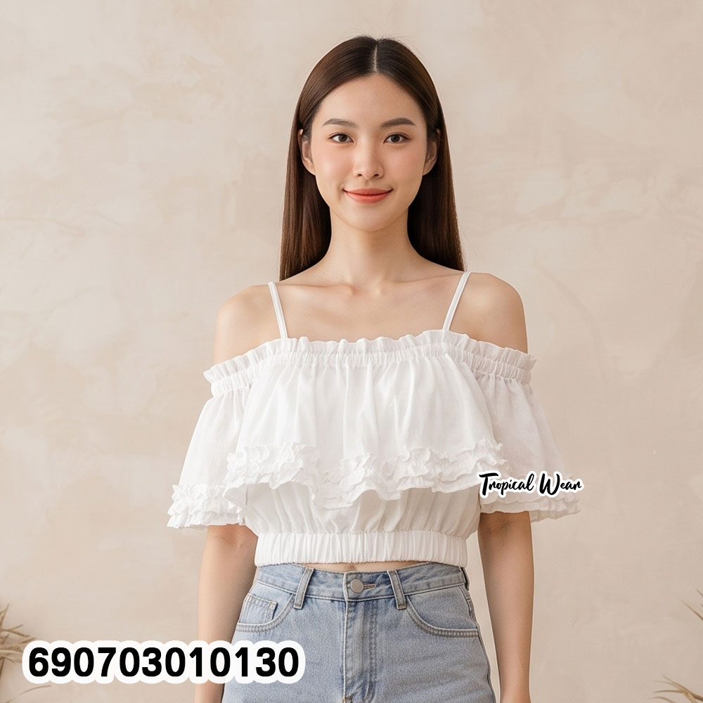 Women's Ruffle Off Shoulder Crop Top Elegant Summer Blouse เสื้อครอประบาย เปิดไหล่ผู้หญิง เสื้อแฟชั่นซัมเมอร์ เรียบหรู - 690703010130 - Image 2