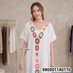 V-Neck Colorful Crochet Trim Beach Cover Up - ชุดเดรสคลุมไปทะเล คอวี ปักลายโครเชต์สีสดใส - 690201140170 - Image 2