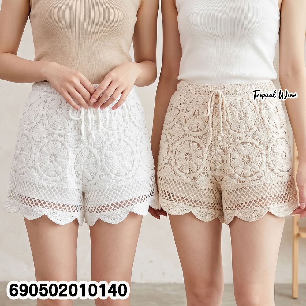 Korean Style High Waisted Scalloped Lace Shorts กางเกงขาสั้น ผ้าโครเชต์ลายดอกไม้ สไตล์เกาหลี - 690502010140