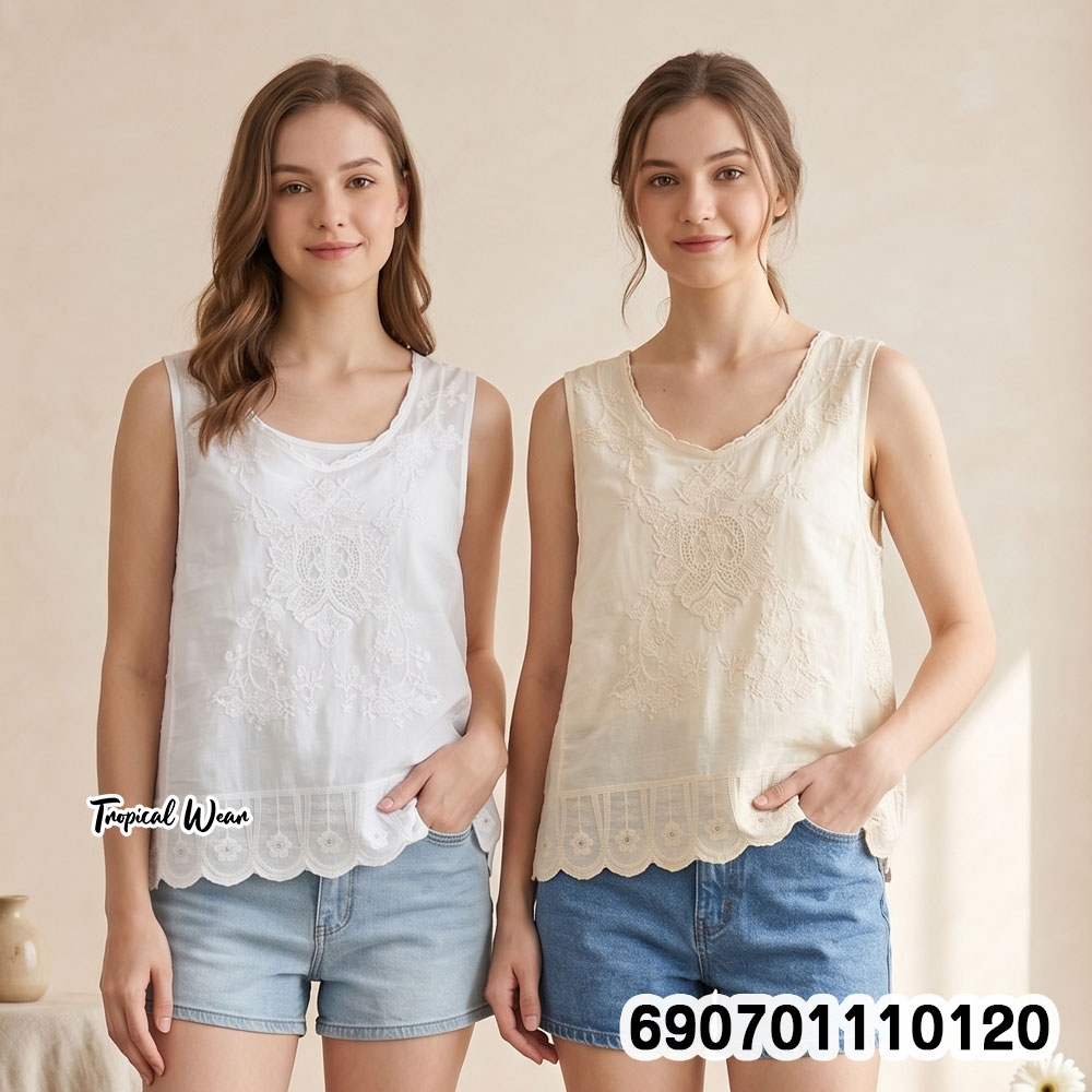 Floral Embroidered Sheer Sleeveless Top เสื้อแขนกุด ผ้าโปร่งปักลายดอกไม้ - 690701110120