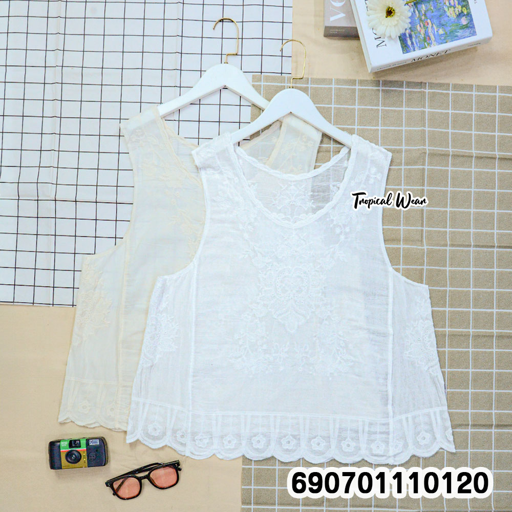 Floral Embroidered Sheer Sleeveless Top เสื้อแขนกุด ผ้าโปร่งปักลายดอกไม้ - 690701110120 - Image 3