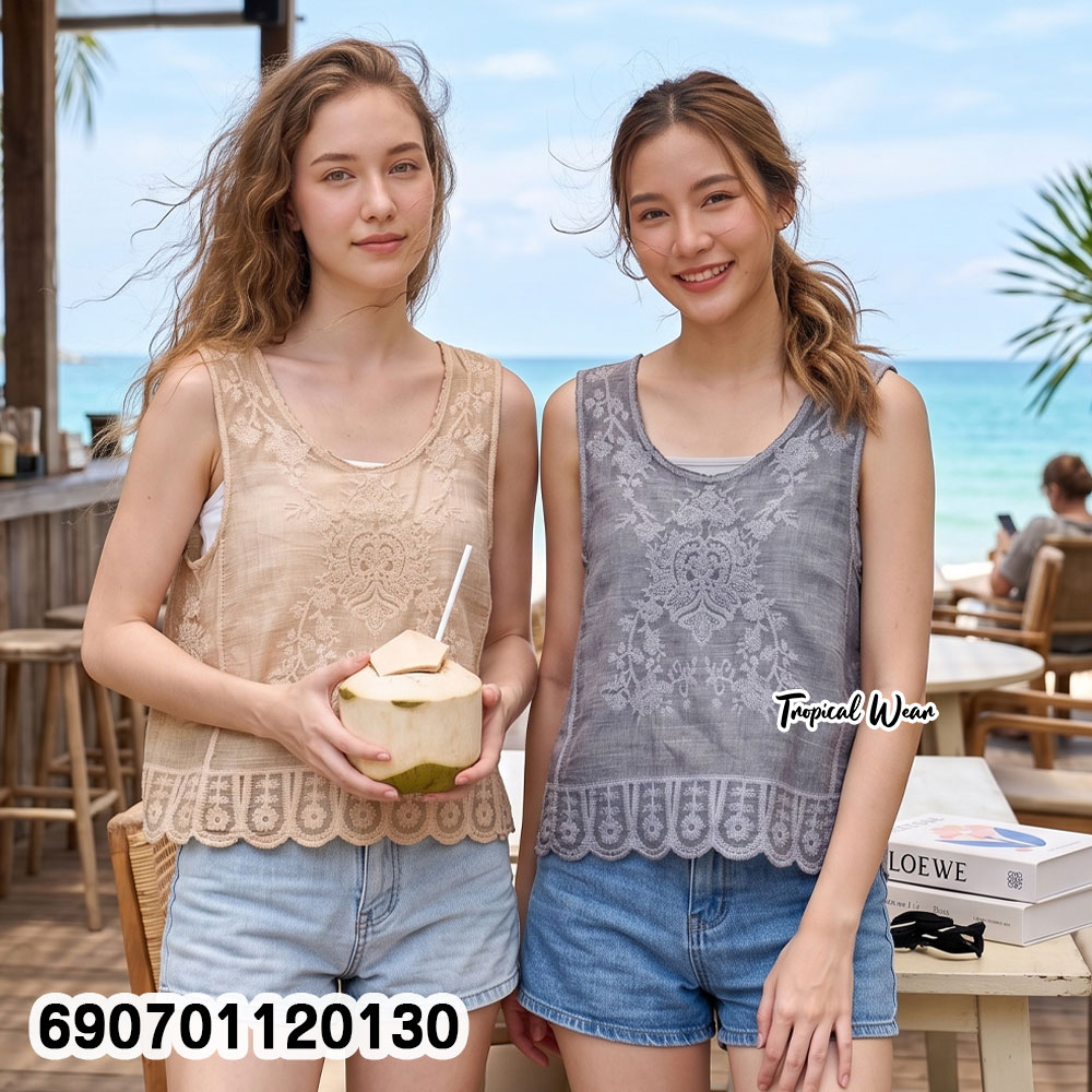 Boho Embroidered Sleeveless Beach Top เสื้อแขนกุดผ้าโปร่งปักลาย ลุคชิลล์ไปทะเล สไตล์โบฮีเมียน - 690701120130