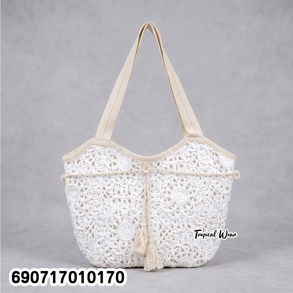 White Floral Crochet Bag กระเป๋าโครเชต์สีขาวลายดอกไม้ - 690717010170 - Image 3