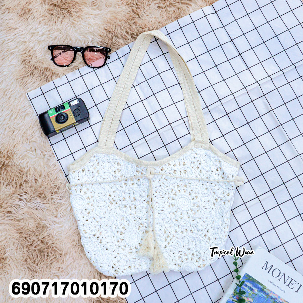 White Floral Crochet Bag กระเป๋าโครเชต์สีขาวลายดอกไม้ - 690717010170 - Image 2