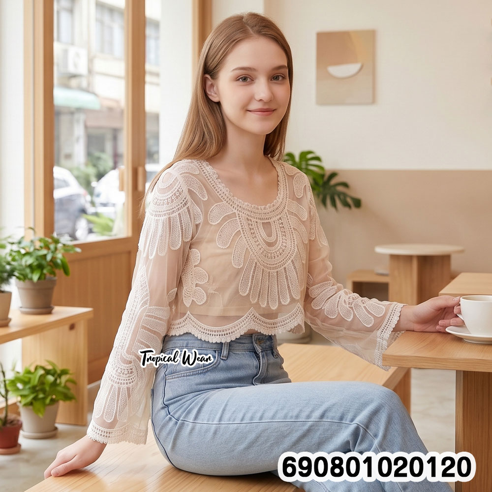 Summer Sheer Lace Cover-Up Top เสื้อคลุมซีทรูแขนยาว ปักลายฉลุ ลุคซัมเมอร์ - 690801020120 - Image 2