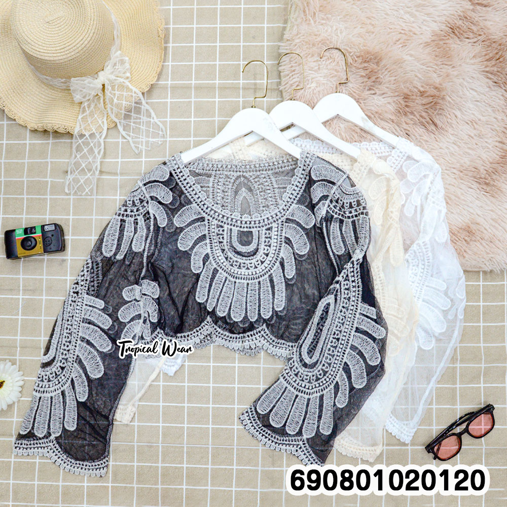 Summer Sheer Lace Cover-Up Top เสื้อคลุมซีทรูแขนยาว ปักลายฉลุ ลุคซัมเมอร์ - 690801020120 - Image 3