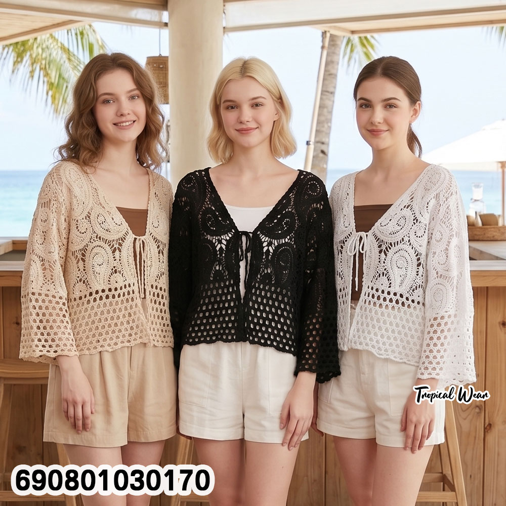 Summer Open-Front Crochet Lace Cardigan เสื้อคลุมลูกไม้ถัก แขนสี่ส่วนผูกโบว์หน้า ลุคซัมเมอร์ - 690801030170