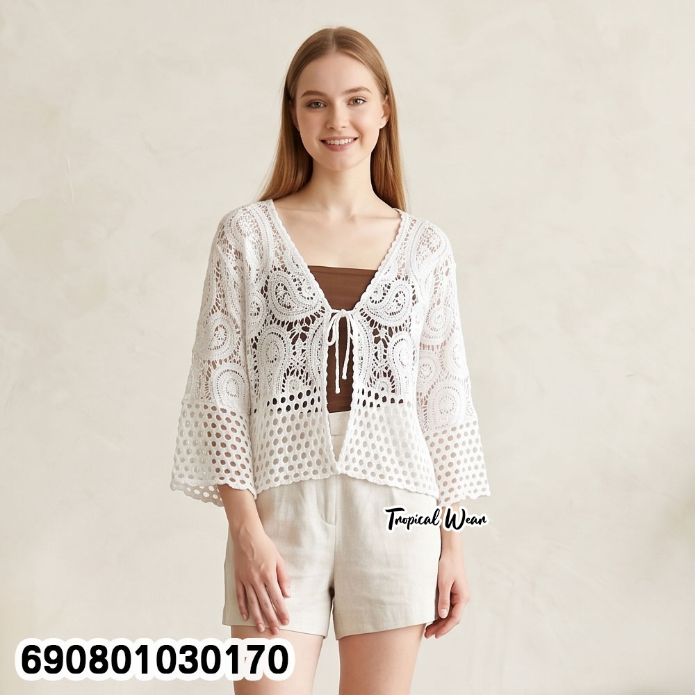 Summer Open-Front Crochet Lace Cardigan เสื้อคลุมลูกไม้ถัก แขนสี่ส่วนผูกโบว์หน้า ลุคซัมเมอร์ - 690801030170 - Image 2