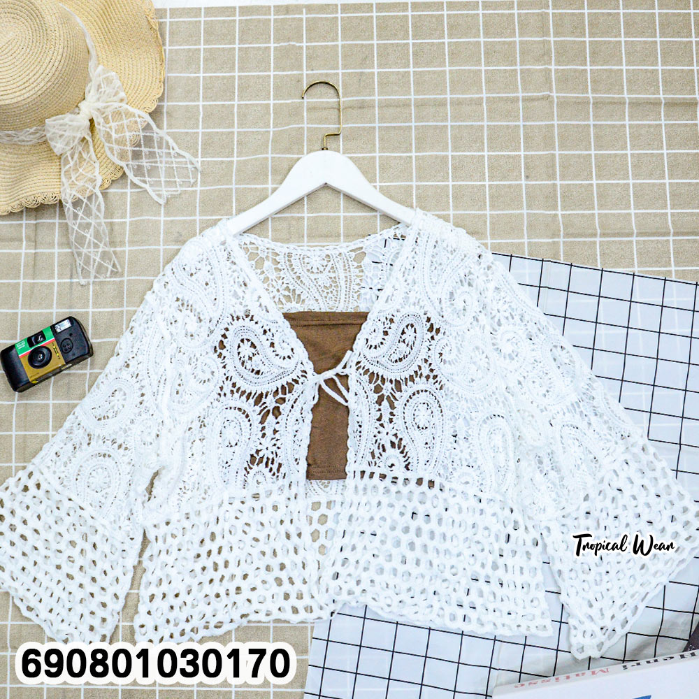 Summer Open-Front Crochet Lace Cardigan เสื้อคลุมลูกไม้ถัก แขนสี่ส่วนผูกโบว์หน้า ลุคซัมเมอร์ - 690801030170 - Image 5