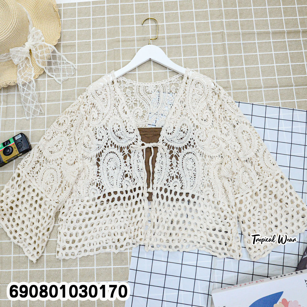 Summer Open-Front Crochet Lace Cardigan เสื้อคลุมลูกไม้ถัก แขนสี่ส่วนผูกโบว์หน้า ลุคซัมเมอร์ - 690801030170 - Image 4