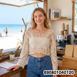 Long Sleeve Sheer Lace Beach Top เสื้อลูกไม้ซีทรูตัวสั้น แขนยาวปักลาย - 690801040120 - Image 2