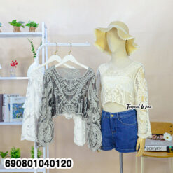 Long Sleeve Sheer Lace Beach Top เสื้อลูกไม้ซีทรูตัวสั้น แขนยาวปักลาย - 690801040120 - Image 3