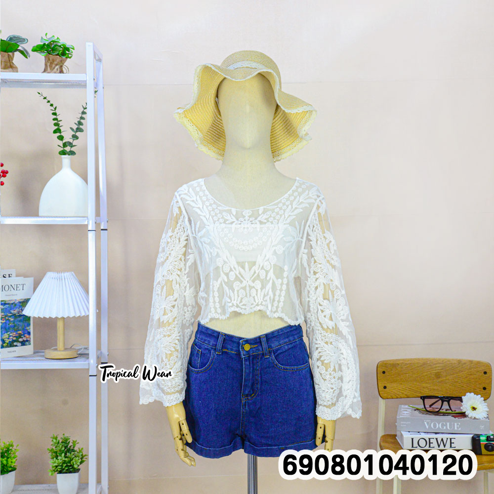 Long Sleeve Sheer Lace Beach Top เสื้อลูกไม้ซีทรูตัวสั้น แขนยาวปักลาย - 690801040120 - Image 4