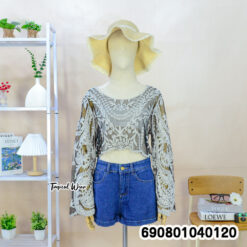 Long Sleeve Sheer Lace Beach Top เสื้อลูกไม้ซีทรูตัวสั้น แขนยาวปักลาย - 690801040120 - Image 5