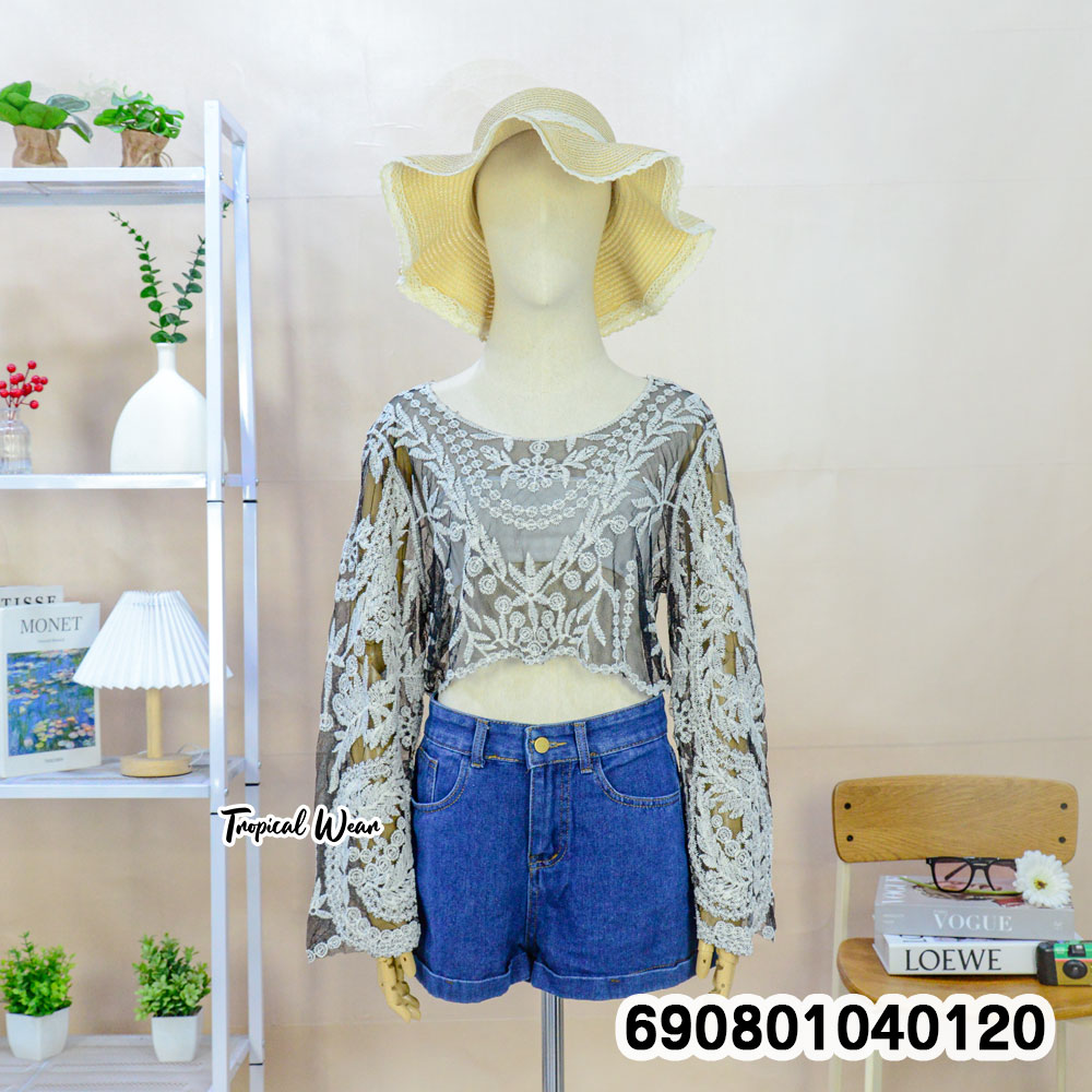 Long Sleeve Sheer Lace Beach Top เสื้อลูกไม้ซีทรูตัวสั้น แขนยาวปักลาย - 690801040120 - Image 5