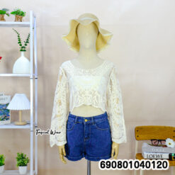 Long Sleeve Sheer Lace Beach Top เสื้อลูกไม้ซีทรูตัวสั้น แขนยาวปักลาย - 690801040120 - Image 6