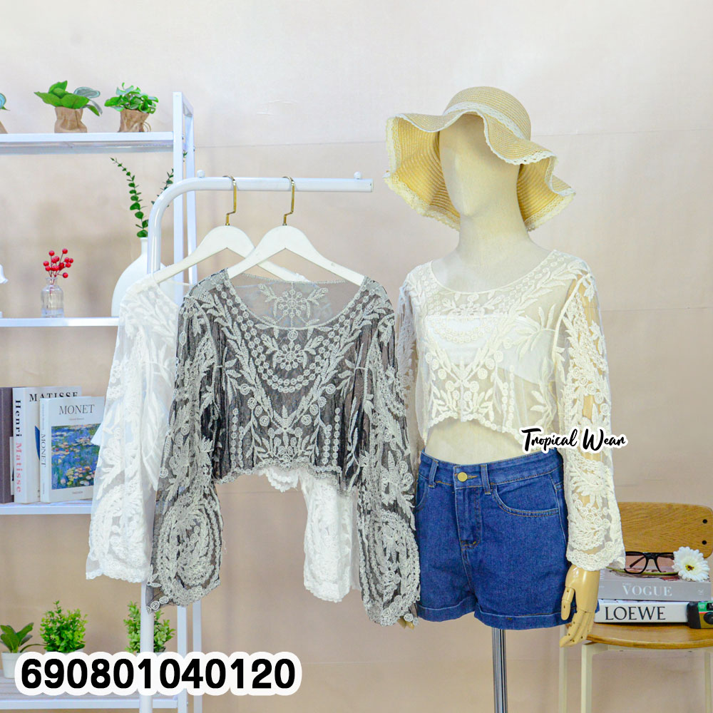 Long Sleeve Sheer Lace Beach Top เสื้อลูกไม้ซีทรูตัวสั้น แขนยาวปักลาย - 690801040120 - Image 3