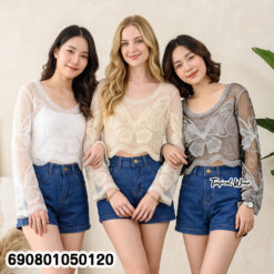 Summer Butterfly Sheer Mesh Crop Top เสื้อลูกไม้ซีทรูเอวลอย ปักลายผีเสื้อ ลุคซัมเมอร์ - 690801050120