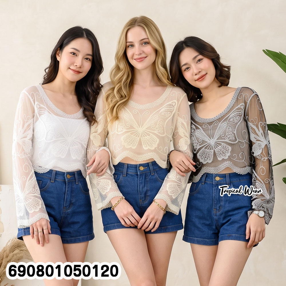 Summer Butterfly Sheer Mesh Crop Top เสื้อลูกไม้ซีทรูเอวลอย ปักลายผีเสื้อ ลุคซัมเมอร์ - 690801050120