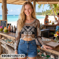 Summer Butterfly Sheer Mesh Crop Top เสื้อลูกไม้ซีทรูเอวลอย ปักลายผีเสื้อ ลุคซัมเมอร์ - 690801050120 - Image 2
